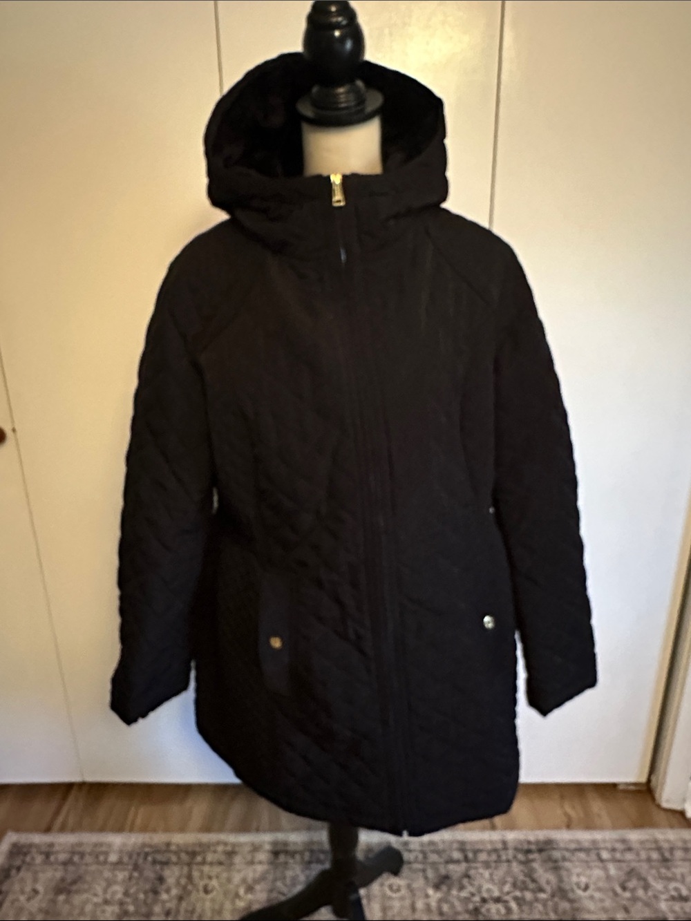 Laundry By Shelli Segal Black Quilted Hooded Puffer Coat
